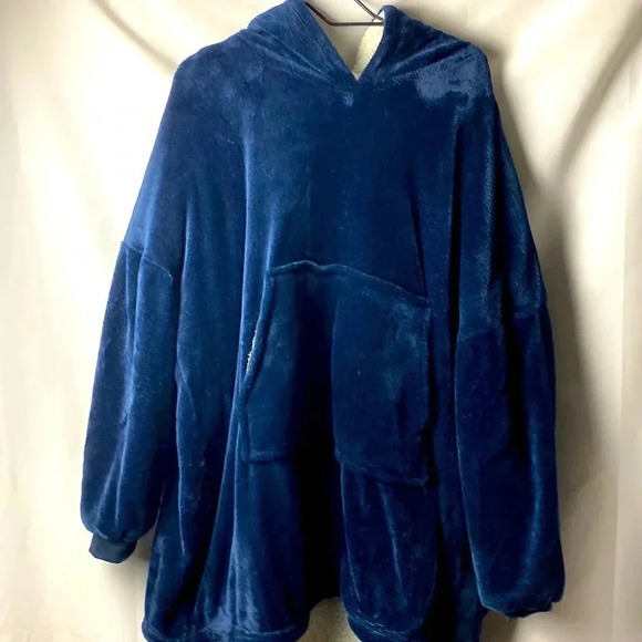 HUGGLE HOODIE NAVY PLUSH VELOUR SHERPA LINING HOODED SLIPOVER FRONT POUCH POCKET - Picture 1 of 13